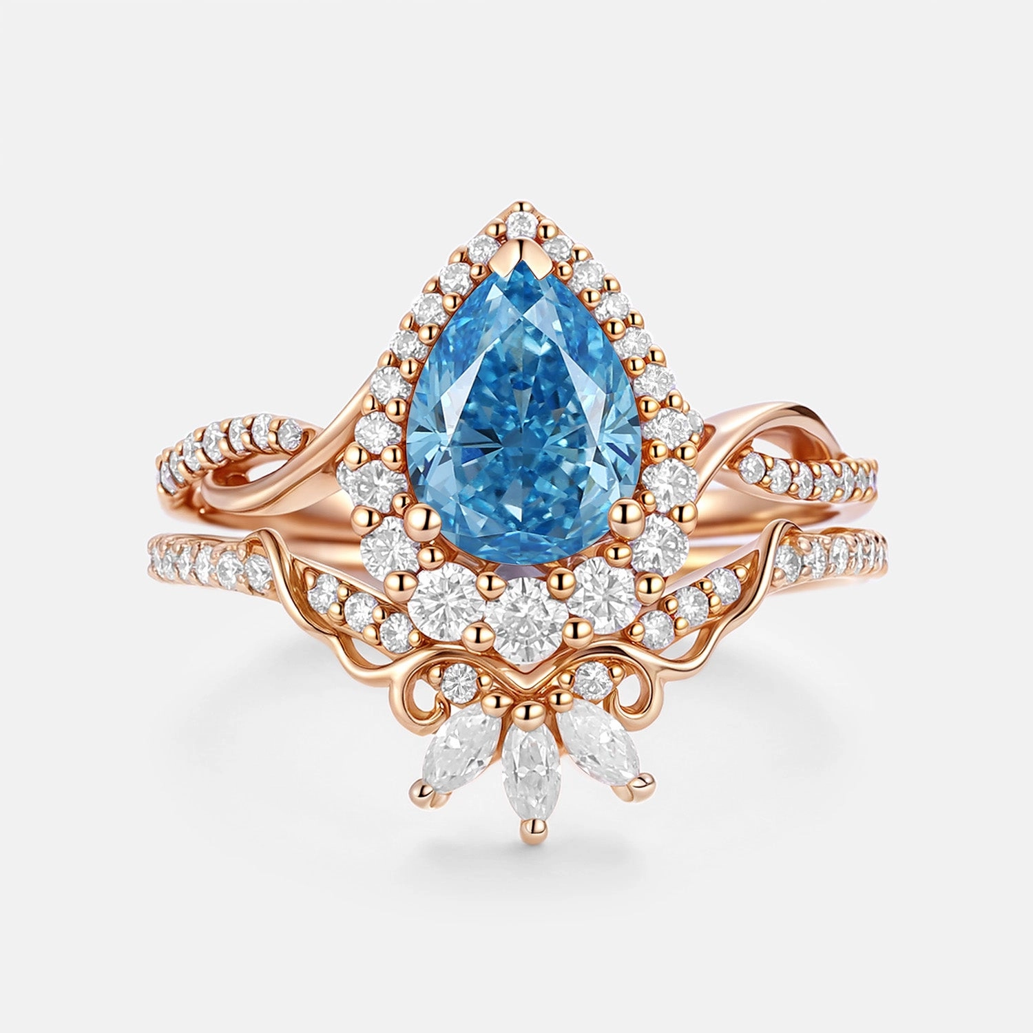 Pear Shaped Blue Lab Grown Diamond Engagement Ring Set 2pcs - Vynne Modern Heirloom Couple Style