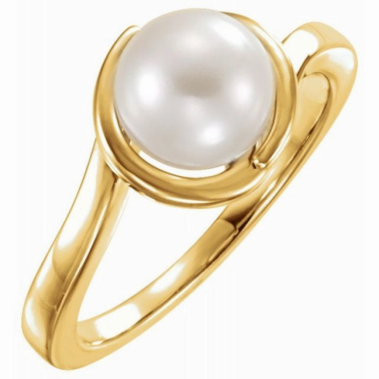 Geometric Pattern Artisan Crafted 14K Yellow Cultured White Freshwater Pearl Ring