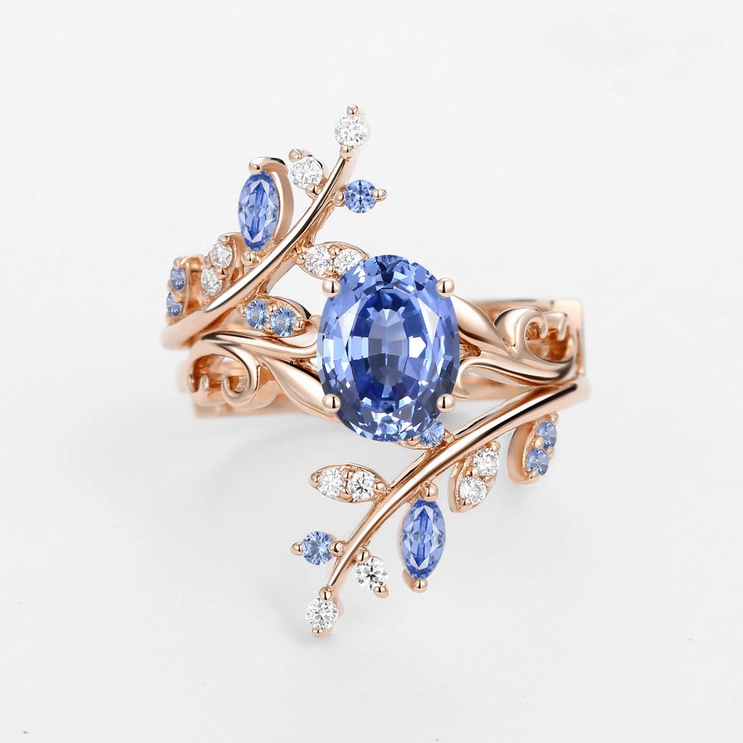Superior Craftsmanship Black Gold Oval Shaped Lab Cornflower Blue Sapphire Engagement Ring Sets