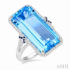 22x10 MM Emerald Cut Blue Topaz and 0.80 MM Round Sapphire & 1/4 Ctw Round Cut Diamond Halo Precious & Semi-Precious Ring in 14K White Gold for all ages