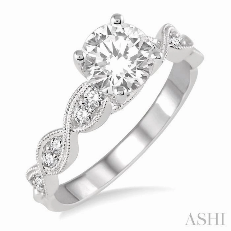 3/4 ctw Diamond Engagement Ring with 1/2 ct Round Cut Center Stone in 14K White Gold Graceful Edge Sparkling Style