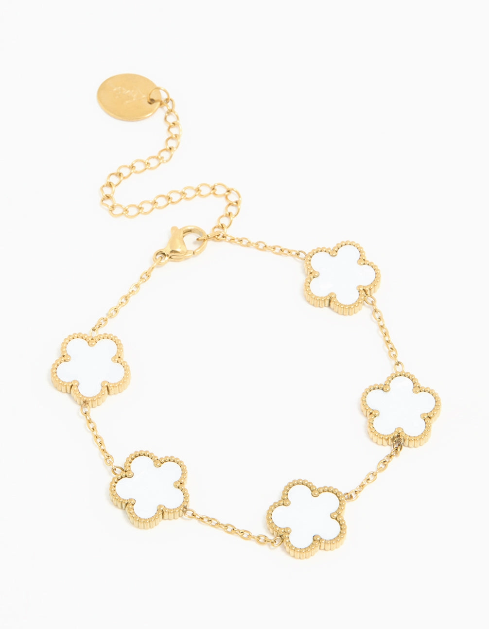 Waterproof Gold Plated Stainless Steel Ivory Inlay Large Flowers Charm Bracelet Textured Accent Beauty Element
