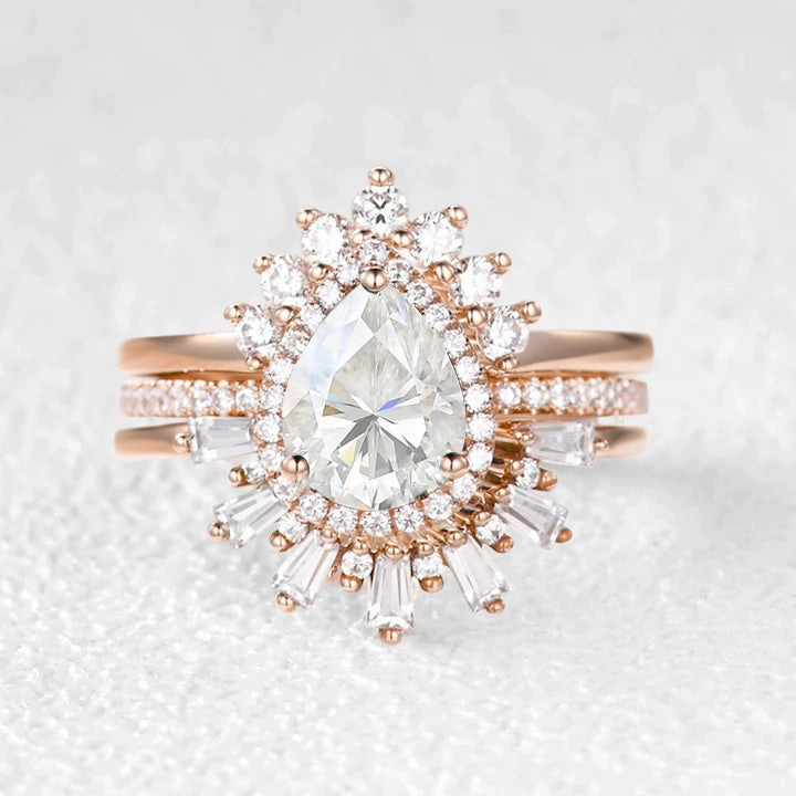Pure Highlight Travel Style Pear Moissanite Halo Baguette Engagement Ring Sets 3pcs