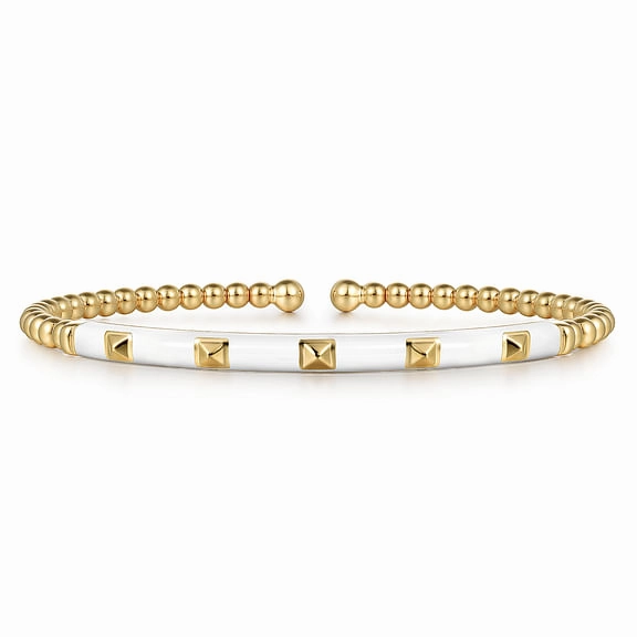 14K Yellow Gold Bujukan Beads and Pyramid Split Bangle with White Enamel Sparkle Finish Subtle Fit