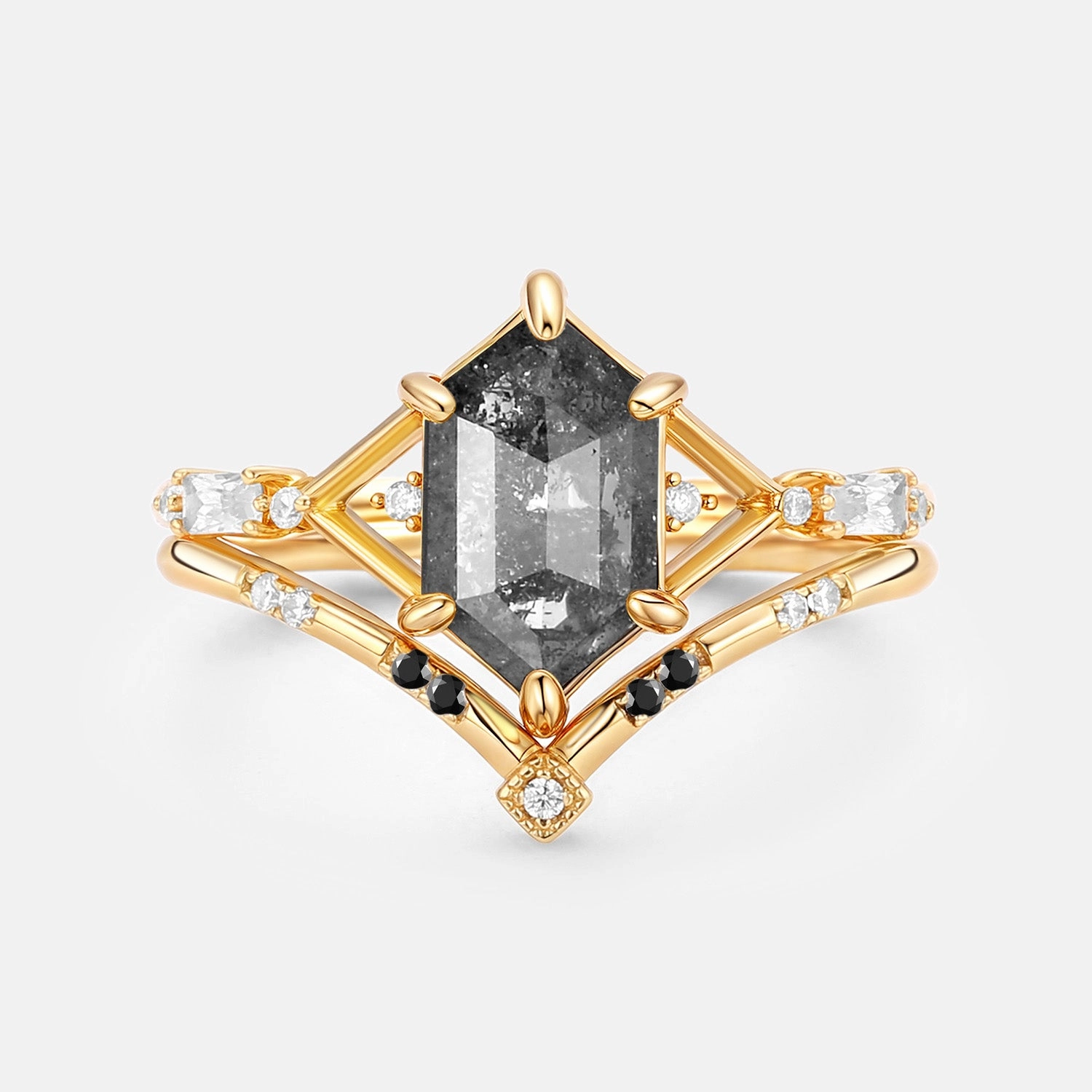 Budget Product Hexagon Salt and Pepper Diamonds Ring Set 2pcs - Storm