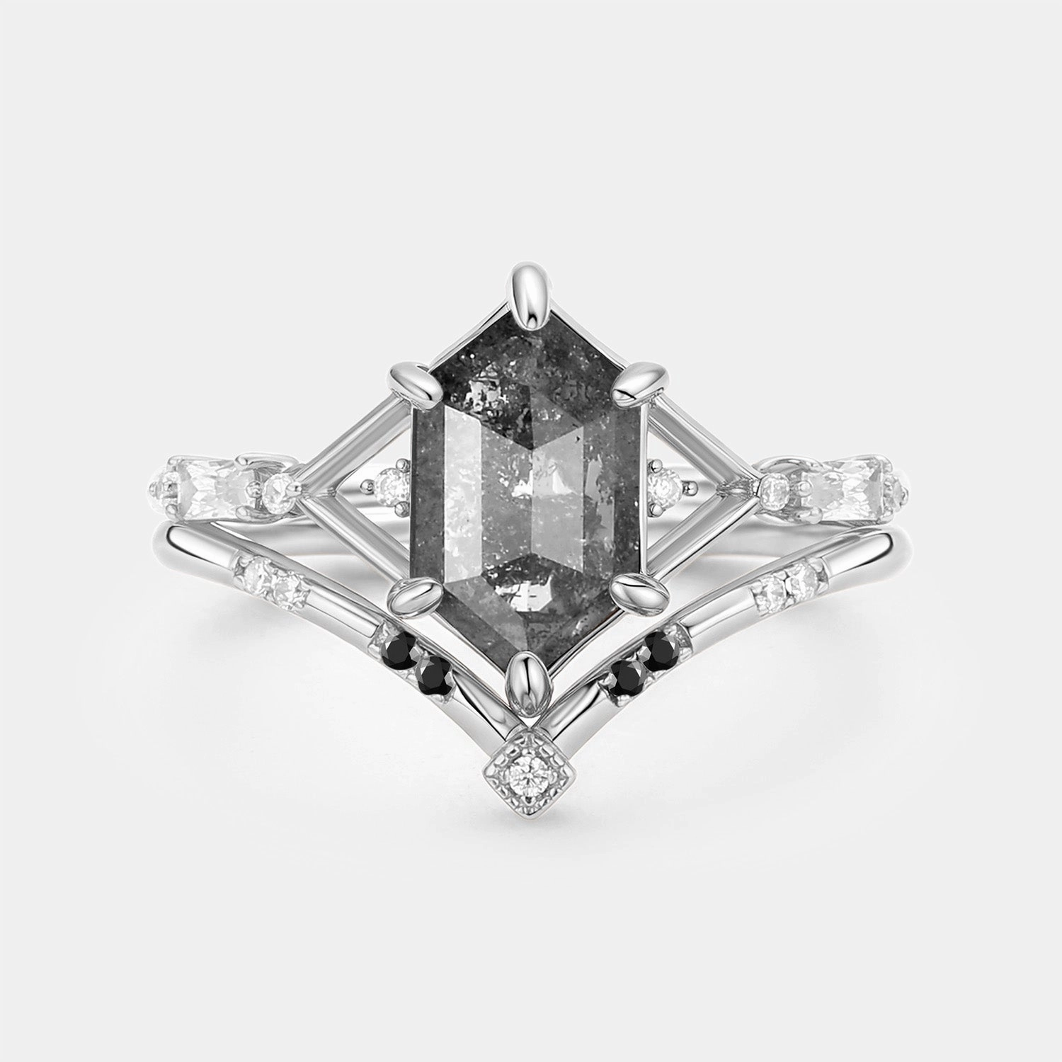 Hexagon Salt and Pepper Diamonds Ring Set 2pcs - Storm Universal Fit Value Adornment