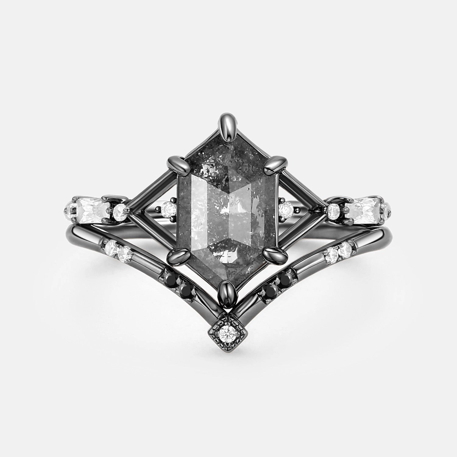Minimal Mood Premium Set Hexagon Salt and Pepper Diamonds Ring Set 2pcs - Storm