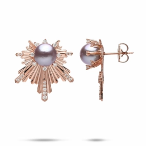 Neutral Tone E Ho???la Lavender Freshwater Pearl Earrings in Rose Gold with Diamonds - 23mm