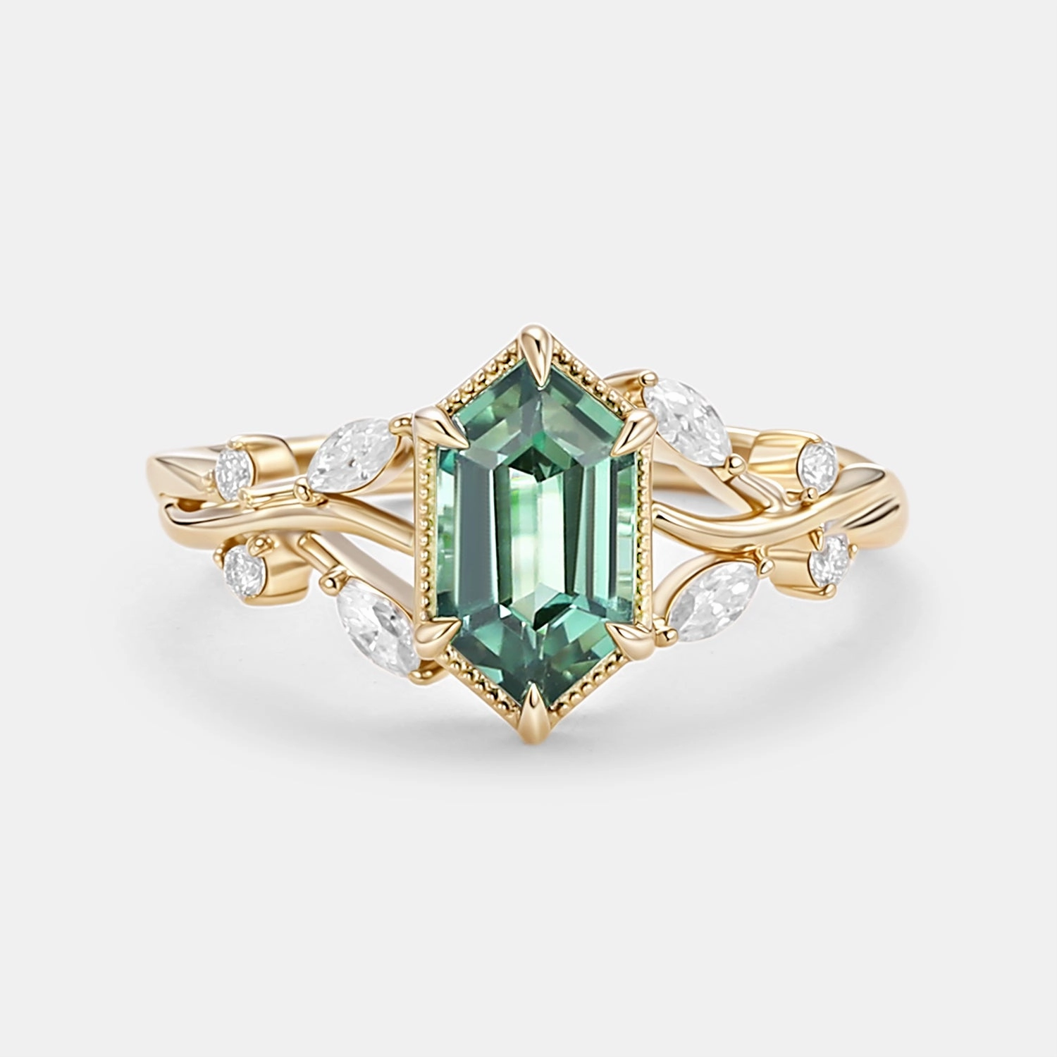 Long Hexagon Lab Green Sapphire Marquise Vine Engagement Ring Creative Jewelry