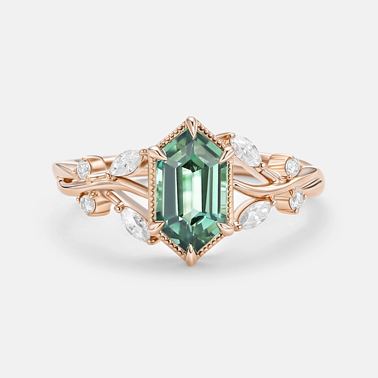 Long Hexagon Lab Green Sapphire Marquise Vine Engagement Ring Glamorous Article Eternal Art