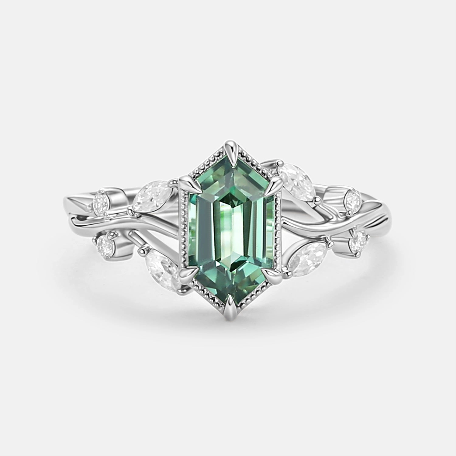 Long Hexagon Lab Green Sapphire Marquise Vine Engagement Ring Exclusive access Season Ready