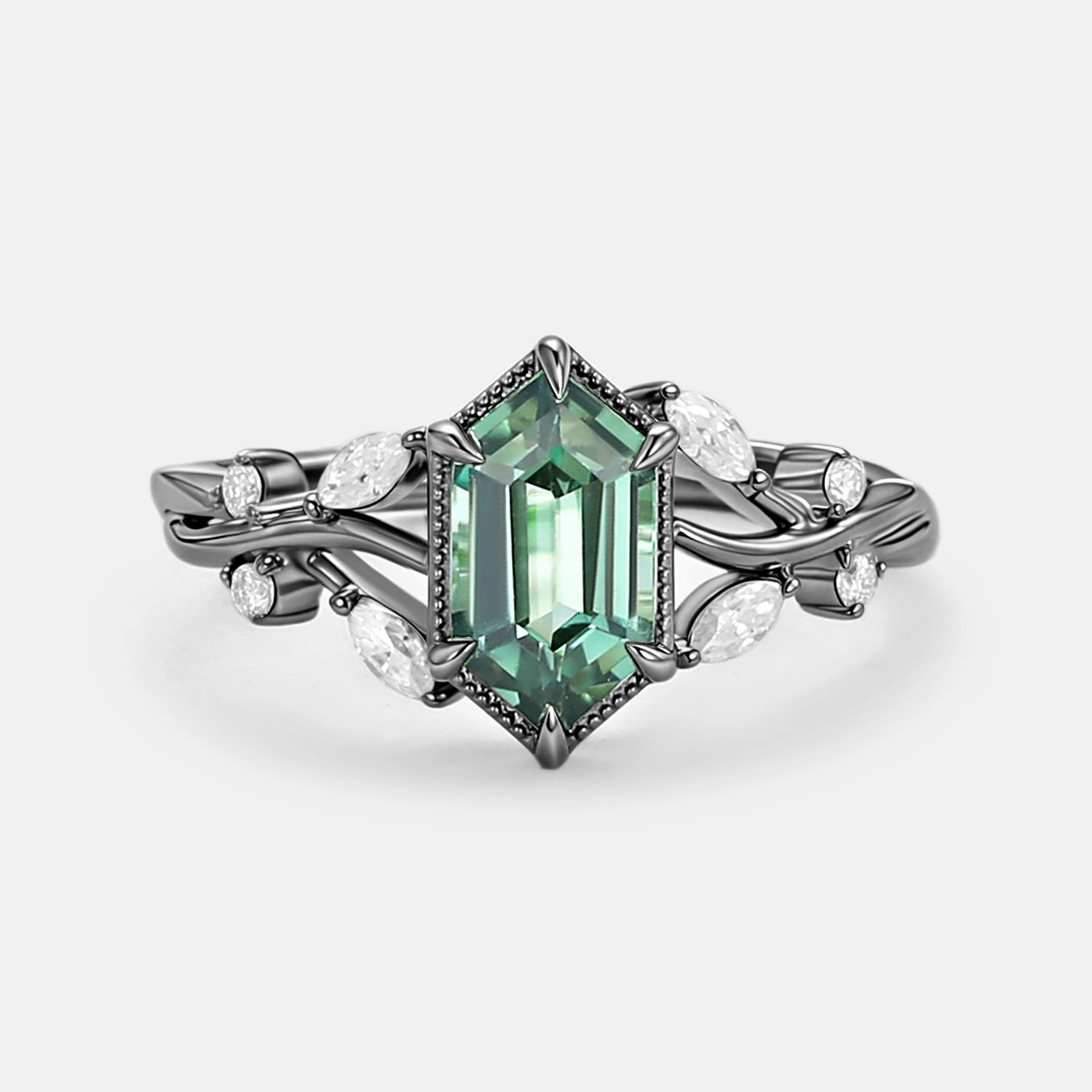 Long Hexagon Lab Green Sapphire Marquise Vine Engagement Ring All Purpose Gift