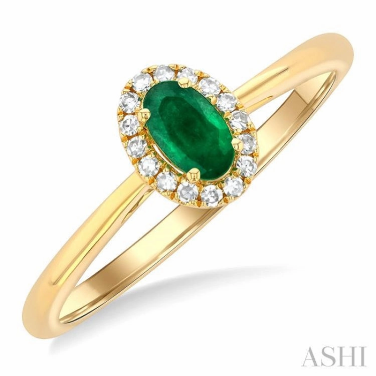 5x3 MM Oval Shape Emerald and 1/20 Ctw Single Cut Diamond Halo Precious Ring in 10K Yellow Gold Dainty Pop