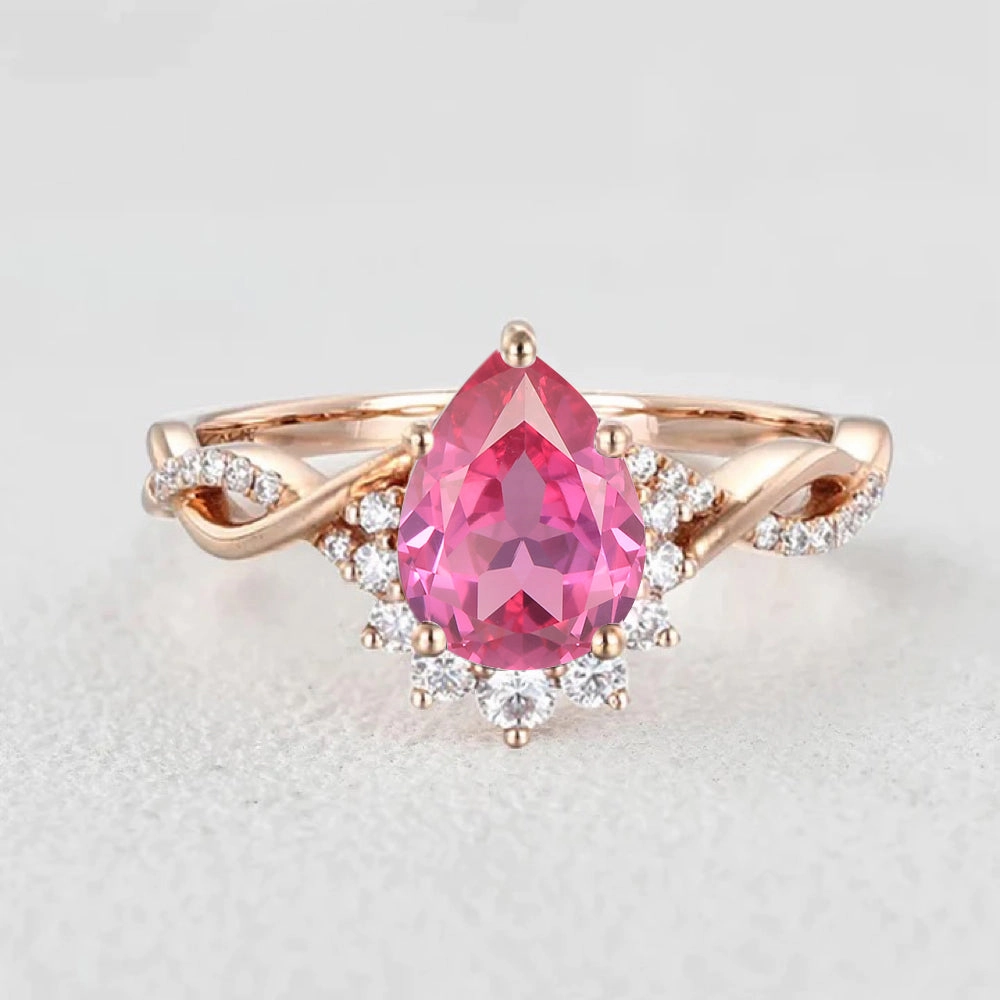Unique Art Elegant Token 1.5ct Pear Barbie Rose Quartz Halo Infinity Engagement Ring