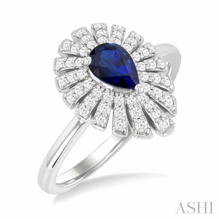 Carbon Neutral Dainty Touch 1/3 Ctw Pear Cut 6X4MM Sapphire and Round Cut Diamond Starburst Precious Ring in 14K White Gold