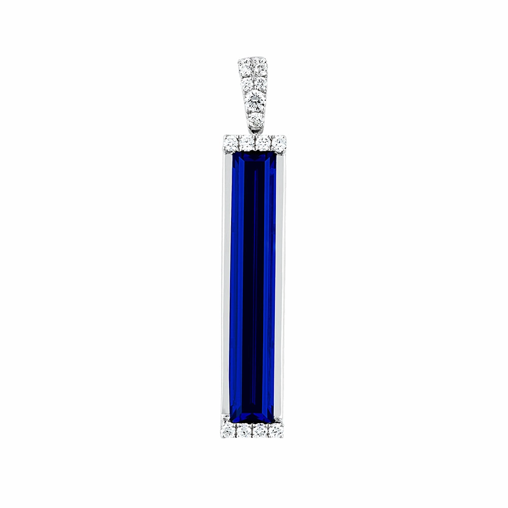 14K white gold bar pendant featuring an elongated baguette Chatham lab grown sapphire with Chatham lab grown diamond accents. Captivating Style