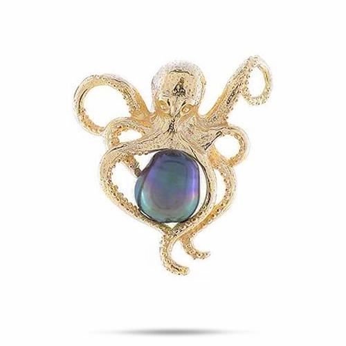 Custom Craftwork He?e (Octopus) Tahitian Black Pearl Pendant in Gold - 10-11mm
