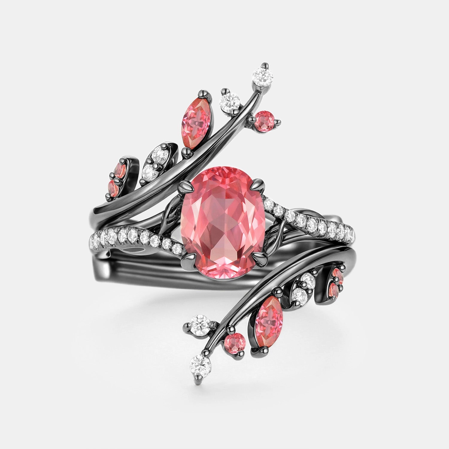 Oval Cut Lab Padparadscha Leafy Cage Ring Sets 2pcs - Ros?? Dynamic Accent