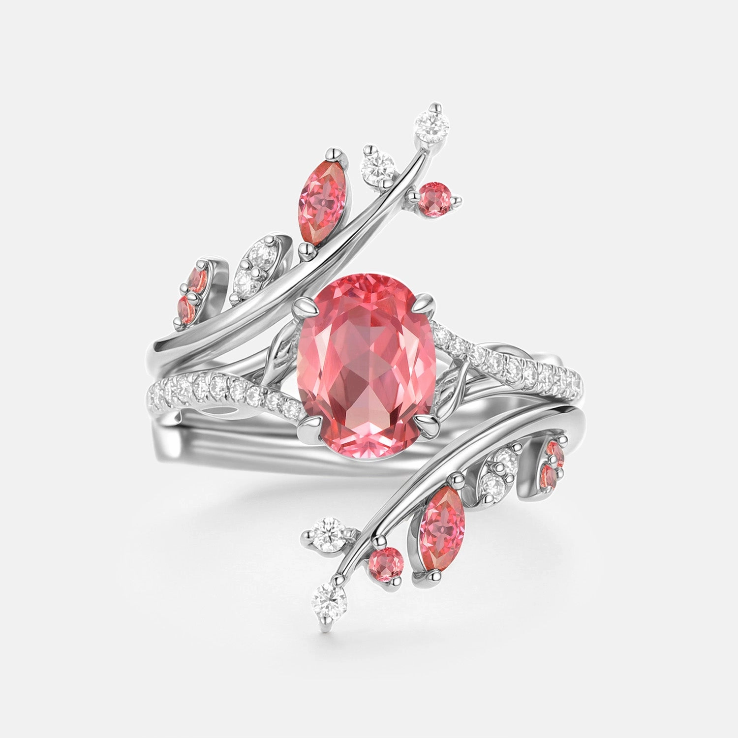 Trend Accent Understated Detail Oval Cut Lab Padparadscha Leafy Cage Ring Sets 2pcs - Ros??
