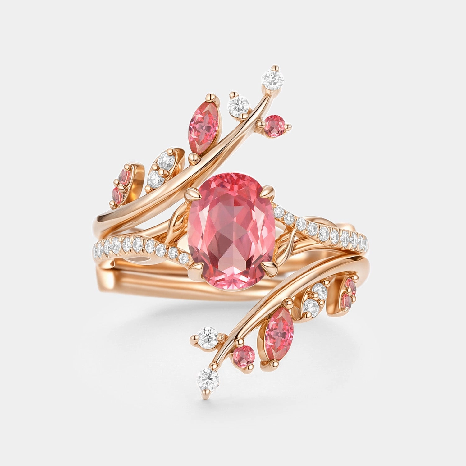 Oval Cut Lab Padparadscha Leafy Cage Ring Sets 2pcs - Ros?? Glow Up Look Elegant Mood