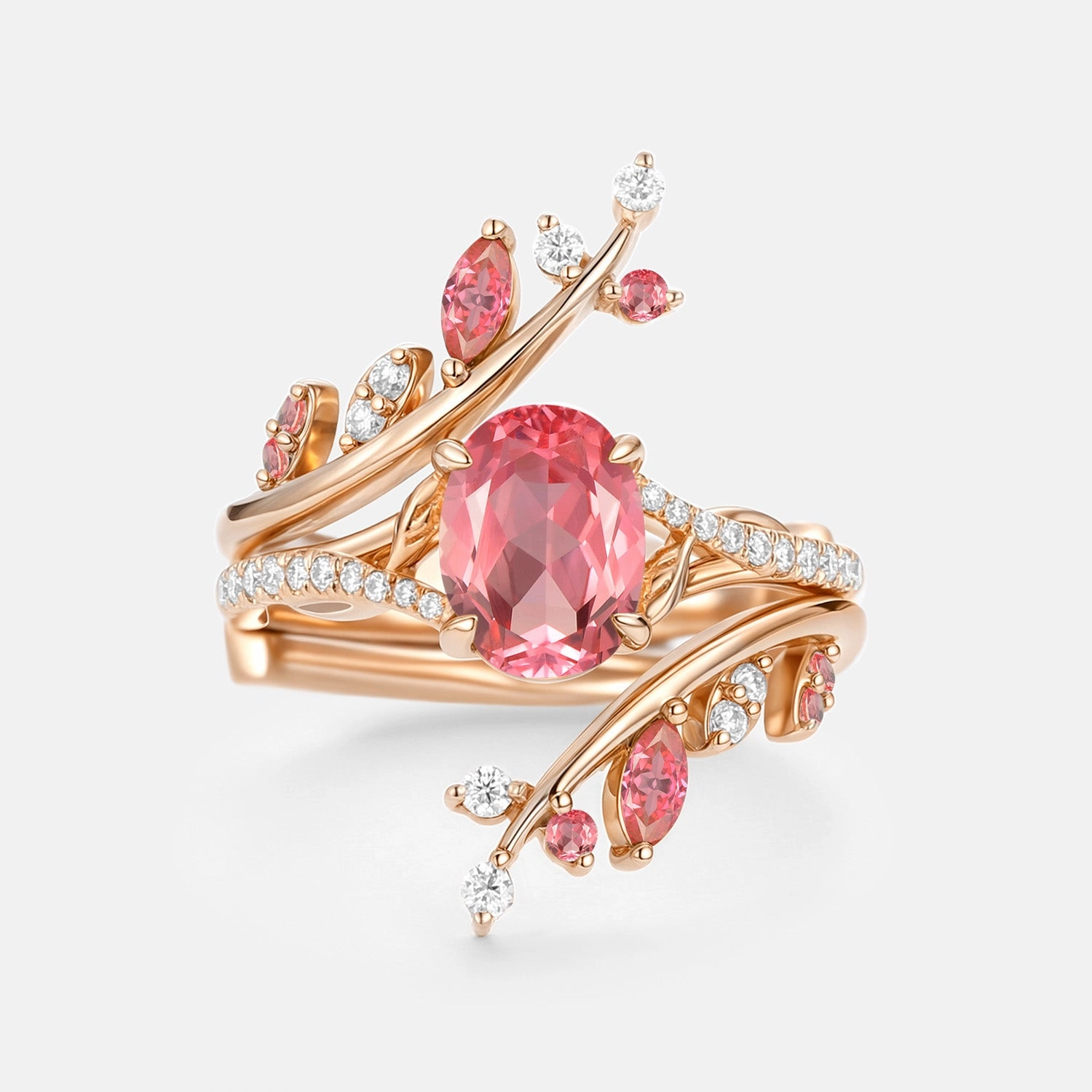 Oval Cut Lab Padparadscha Leafy Cage Ring Sets 2pcs - Ros?? Classic Design