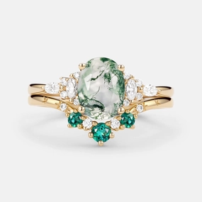 Oval Cut Moss Agate & Lab Emerald Engagement Ring Sets 2pcs Stylish Moment