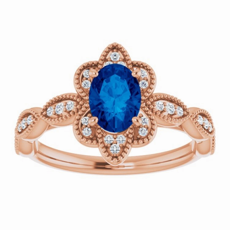 Modern Emblem 14K Rose Lab-Grown Blue Sapphire & 1/8 CTW Natural Diamond Ring