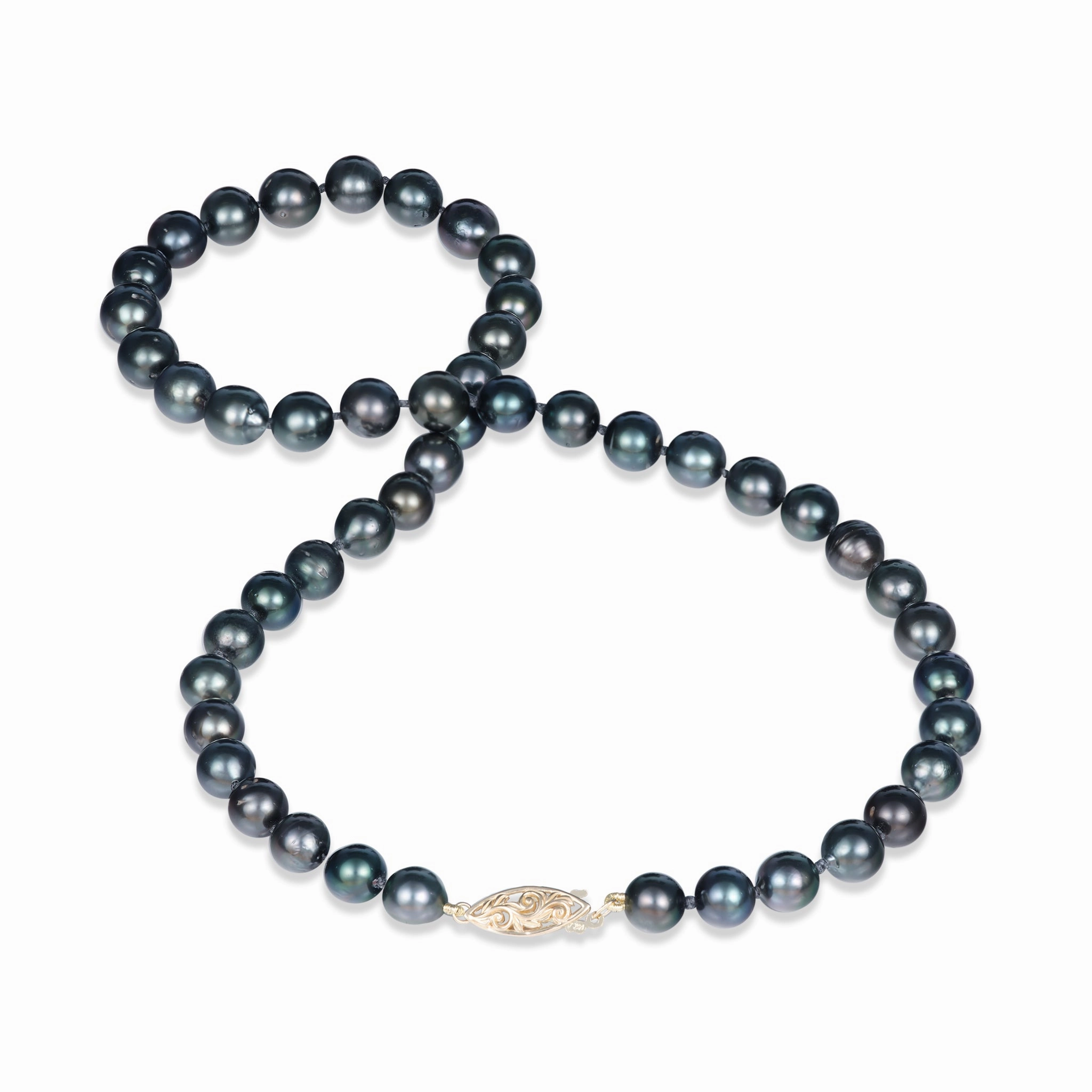 Refined Glance Ornate Edge 18-20" Tahitian Black Pearl Strand with Gold Clasp - 8-10mm