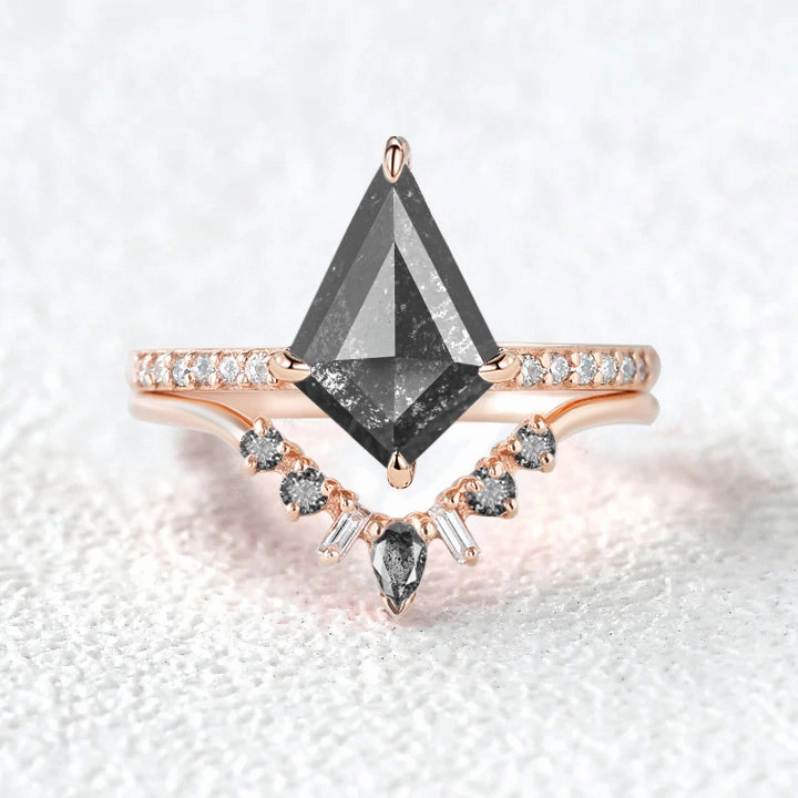 Salt and Pepper Diamonds White Gold Engagement Ring Set 2pcs Luxurious Appearance Traditional Memento