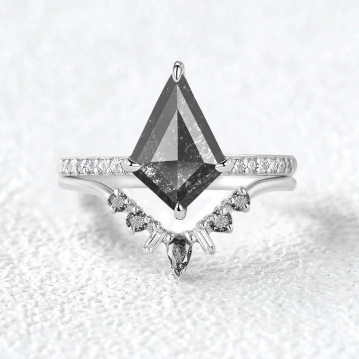 Salt and Pepper Diamonds White Gold Engagement Ring Set 2pcs Delicate Token Personal Adornment