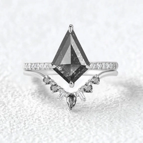 Salt and Pepper Diamonds White Gold Engagement Ring Set 2pcs Weekend Look Delicate Details