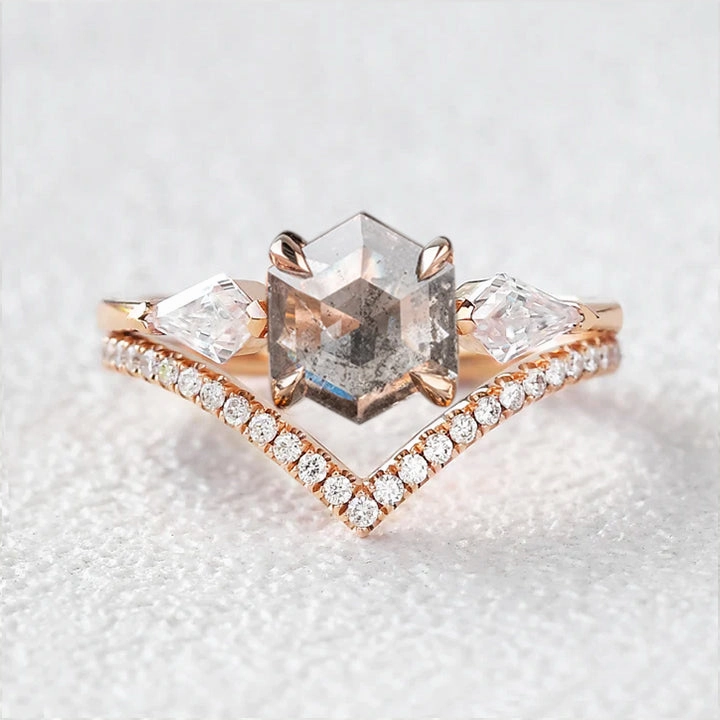 Sophisticated Style Perfect Accent Hexagon Cut Salt and Pepper Diamonds Three Stone Ring Set 2pcs