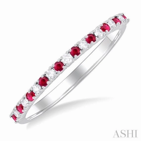 Commitment Sign Exquisite Product 1.35 MM Round Shape Ruby and 1/10 Ctw Petite Round Cut Diamond Precious Stack Band in 10K White Gold