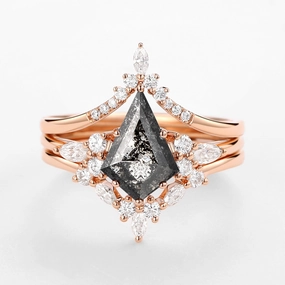 Daily Style Classic Shape Kite Cut Salt and Pepper Diamonds Ring Set 3pcs - Kinsley