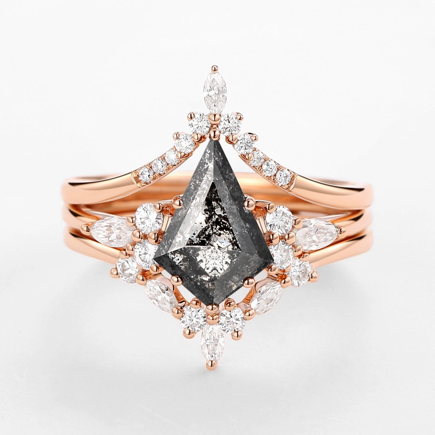 Daily Style Classic Shape Kite Cut Salt and Pepper Diamonds Ring Set 3pcs - Kinsley