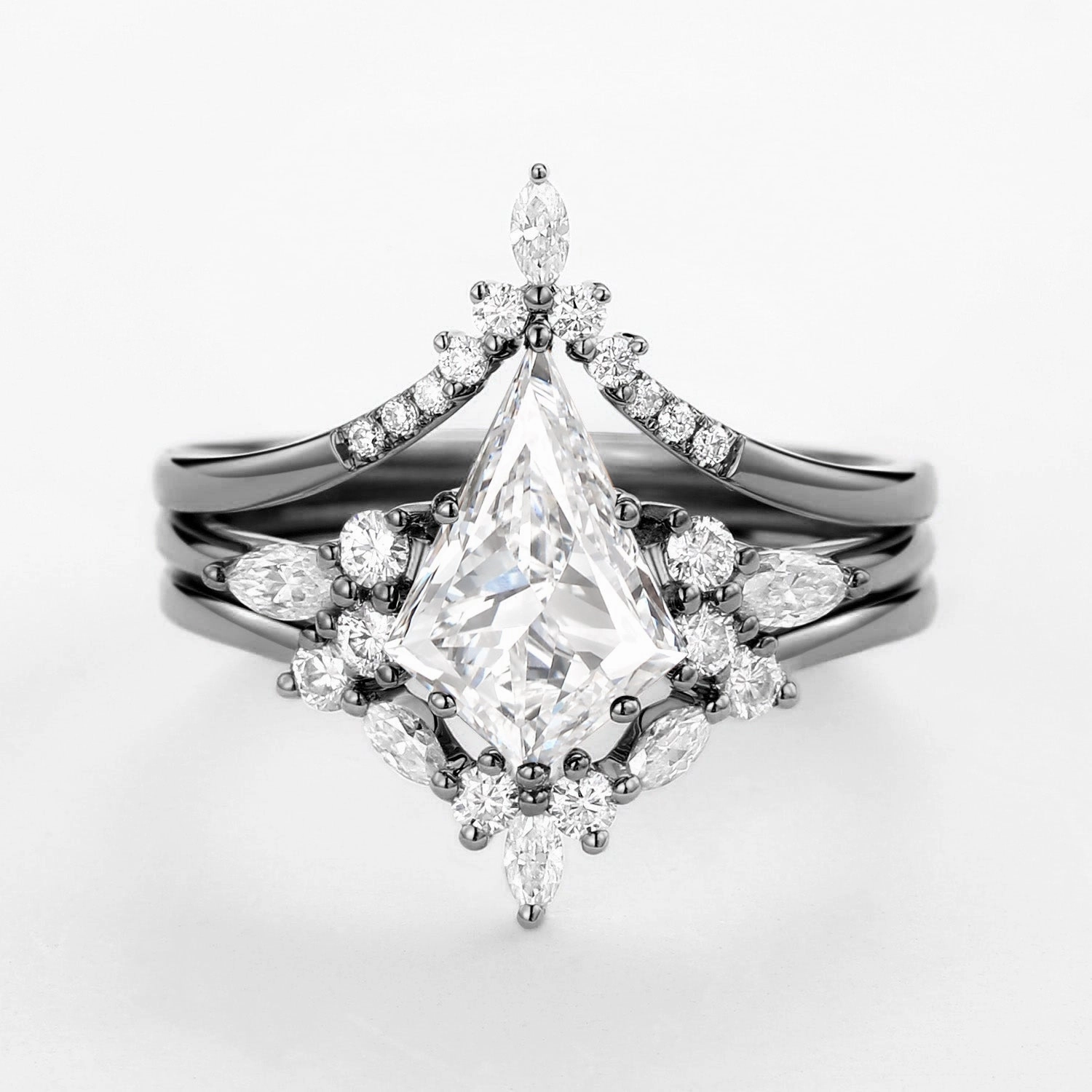 Kite Cut Salt and Pepper Diamonds Ring Set 3pcs - Kinsley Representational Piece