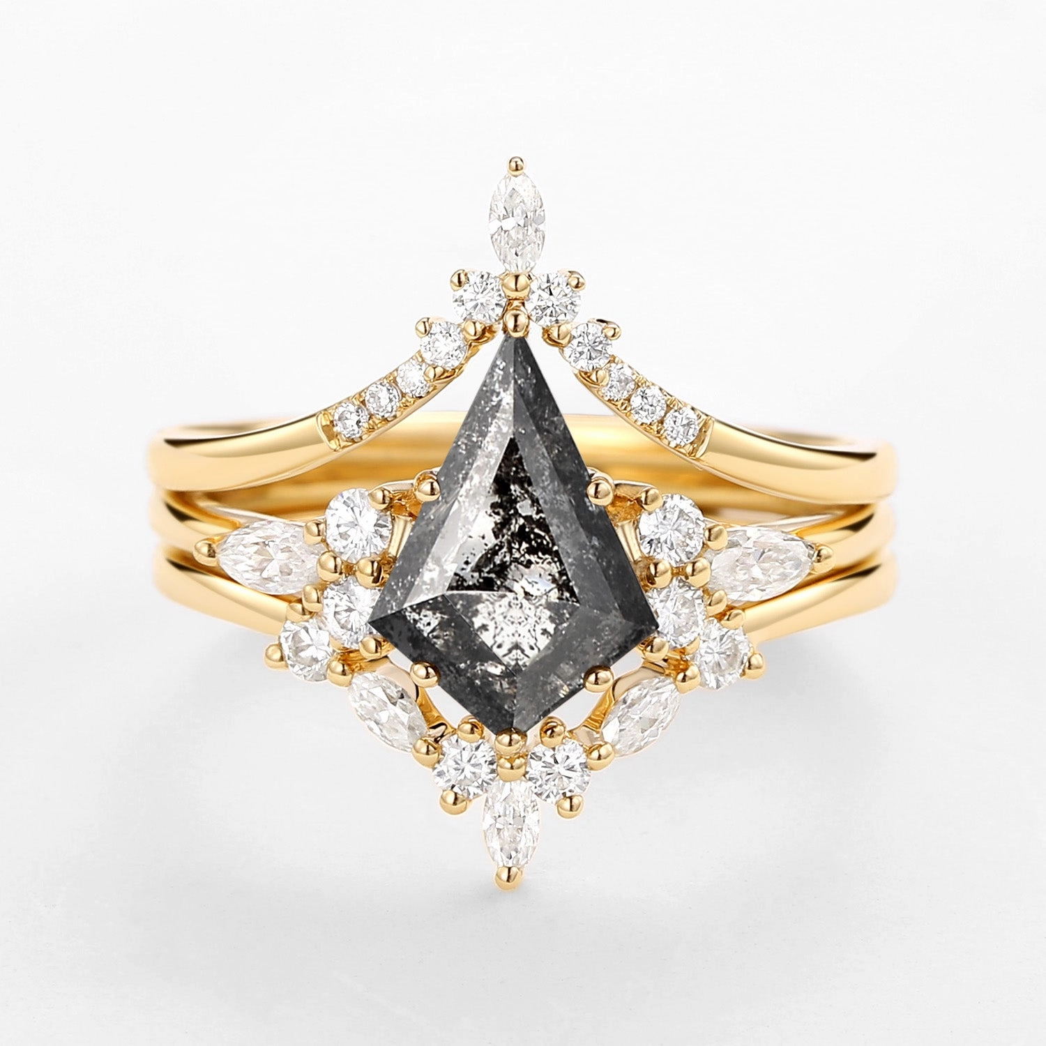 Simple Glow Kite Cut Salt and Pepper Diamonds Ring Set 3pcs - Kinsley