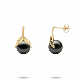 Maile Tahitian Black Pearl Earrings in Gold - 9-10mm Radiant Radiance Sparkling Piece