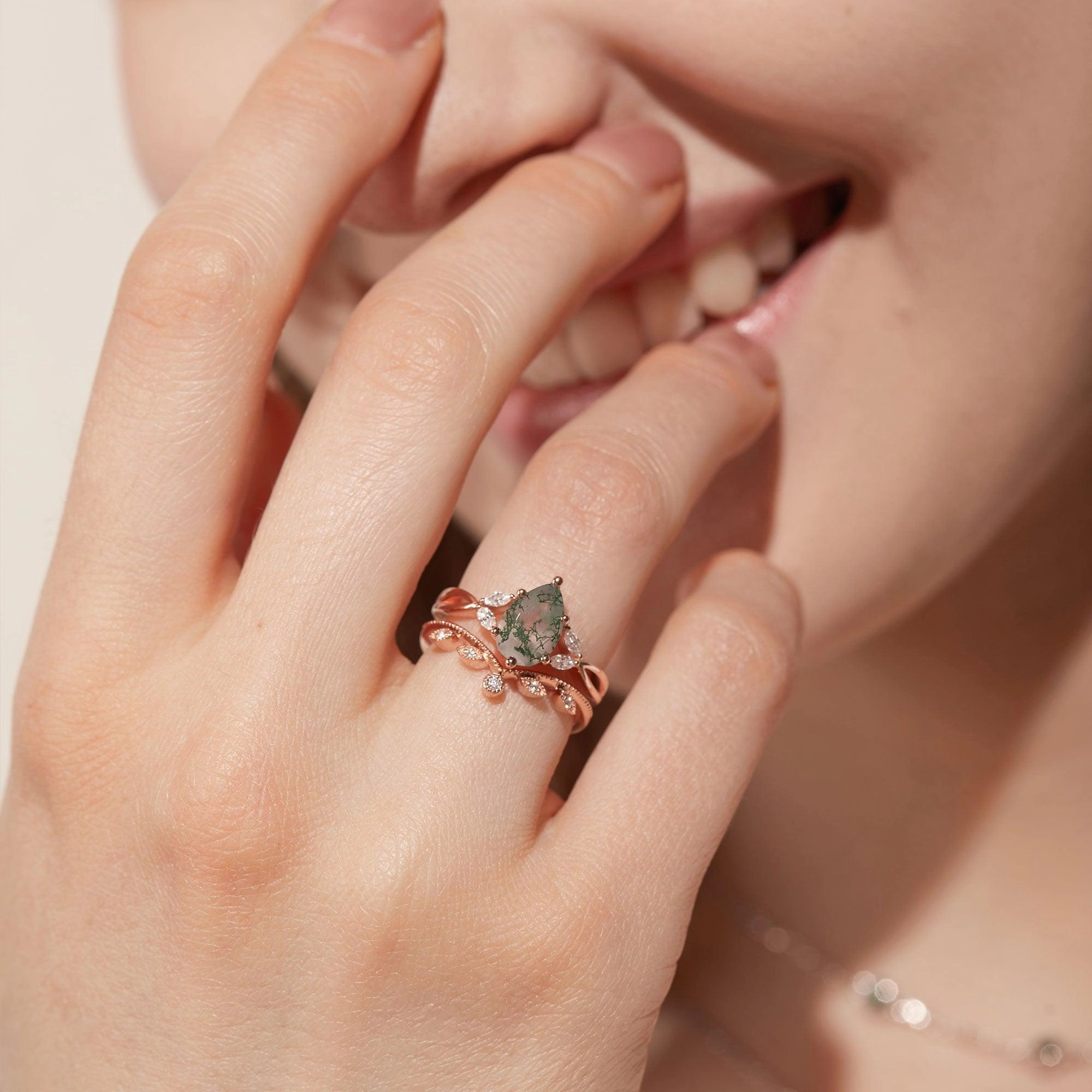 Glittery Accent Green product Pear Shaped Moss Agate Bridal Ring Set 2pcs - Autumn