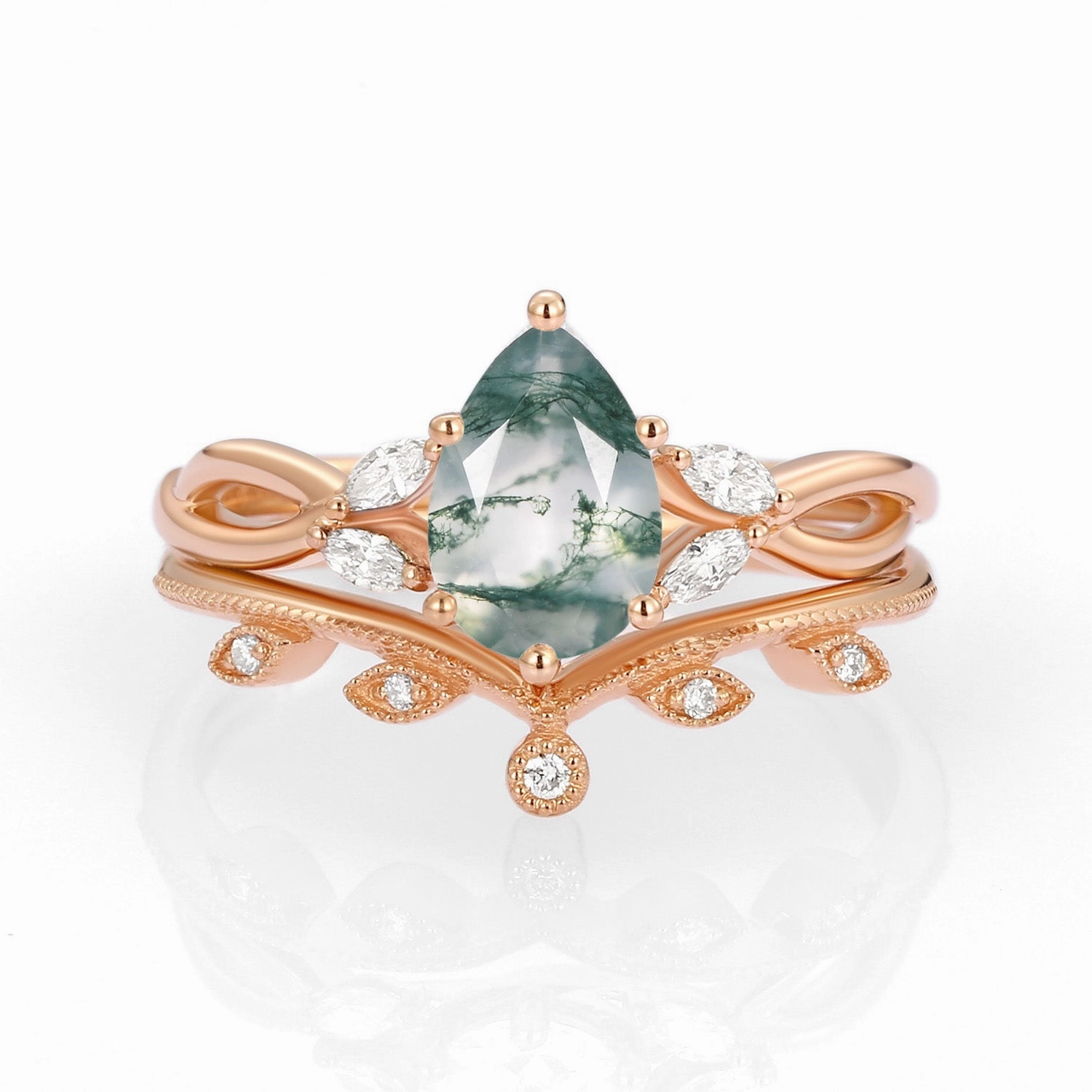 Pear Shaped Moss Agate Bridal Ring Set 2pcs - Autumn Casual Chic Daywear Style
