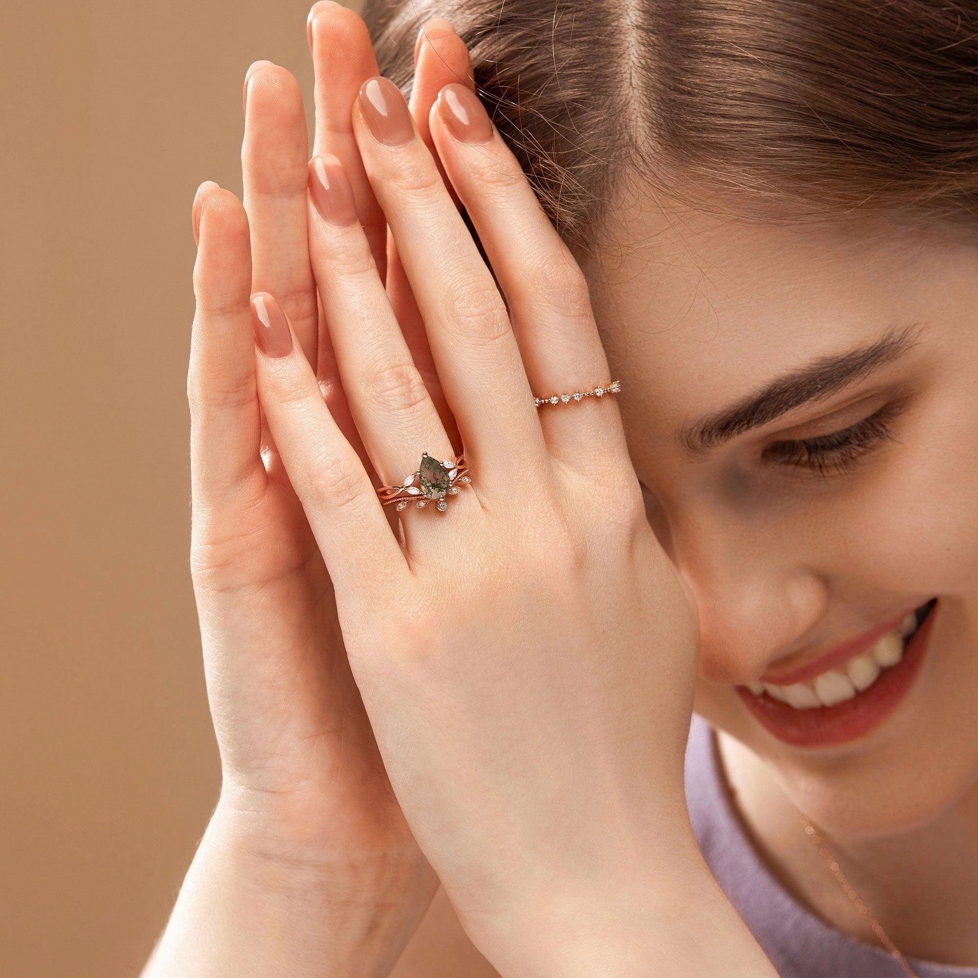 Pear Shaped Moss Agate Bridal Ring Set 2pcs - Autumn Wedding Ready