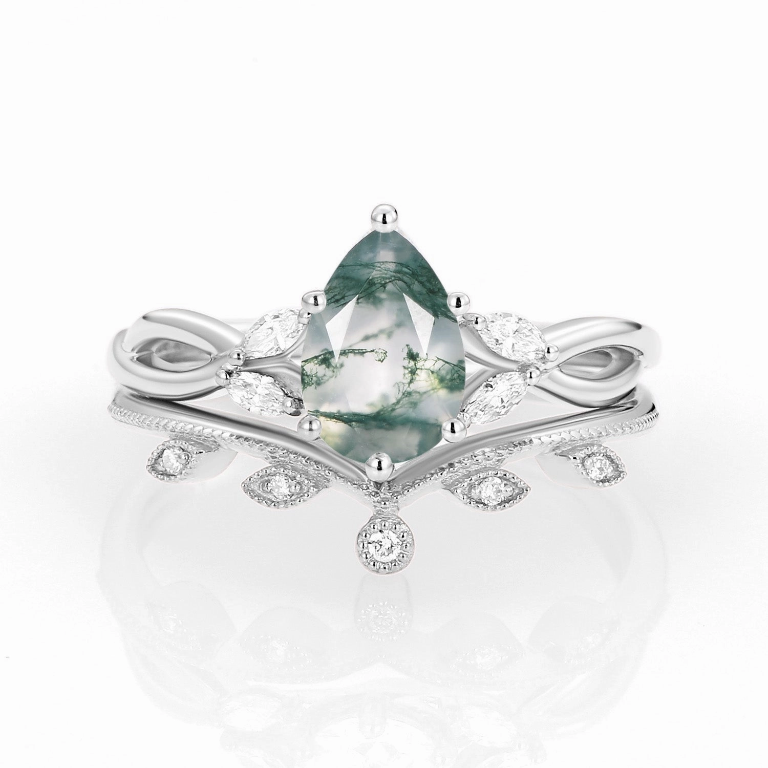 Affordable Look Modern Balance Pear Shaped Moss Agate Bridal Ring Set 2pcs - Autumn