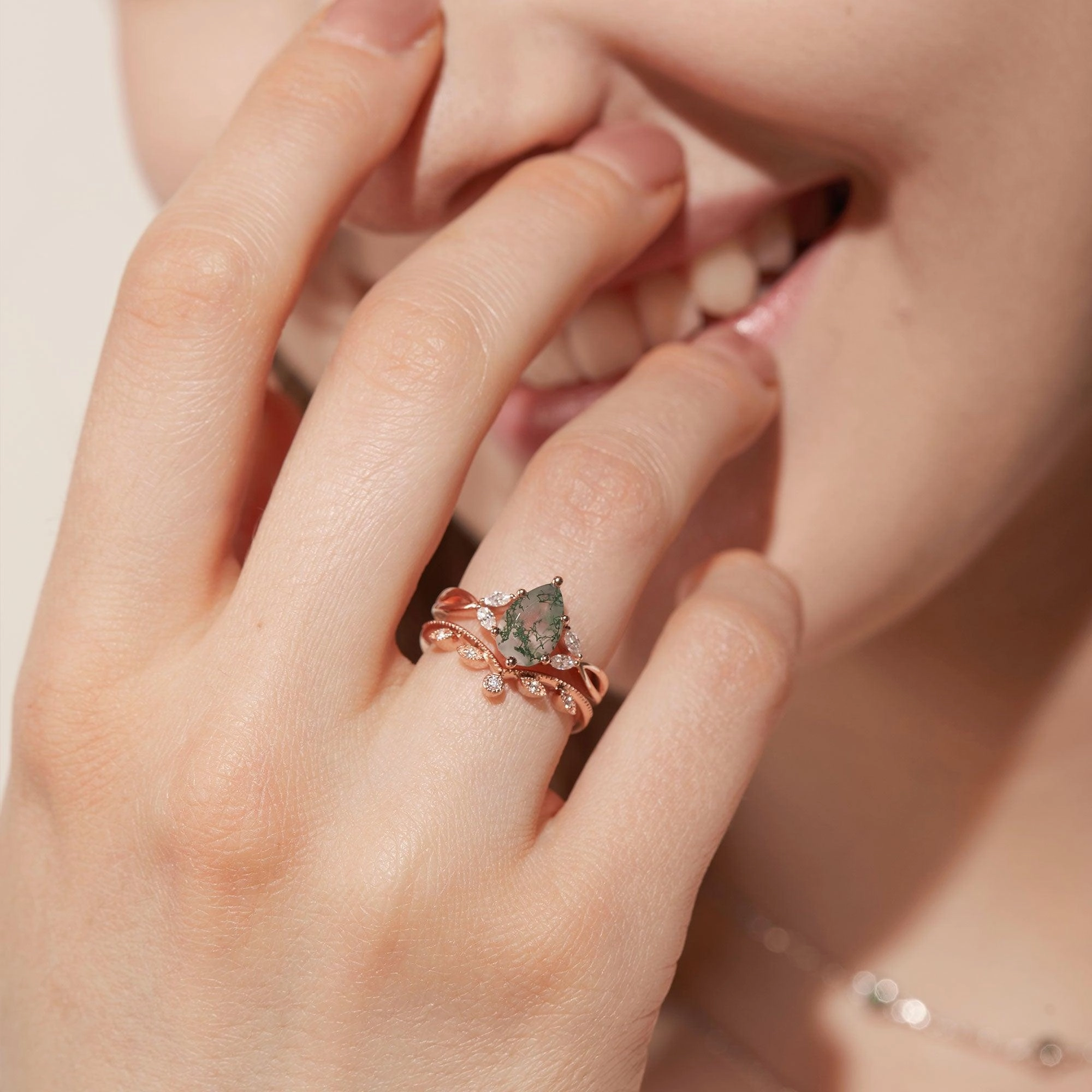 Pear Shaped Moss Agate Bridal Ring Set 2pcs - Autumn Timeless Touch Effortless Glow