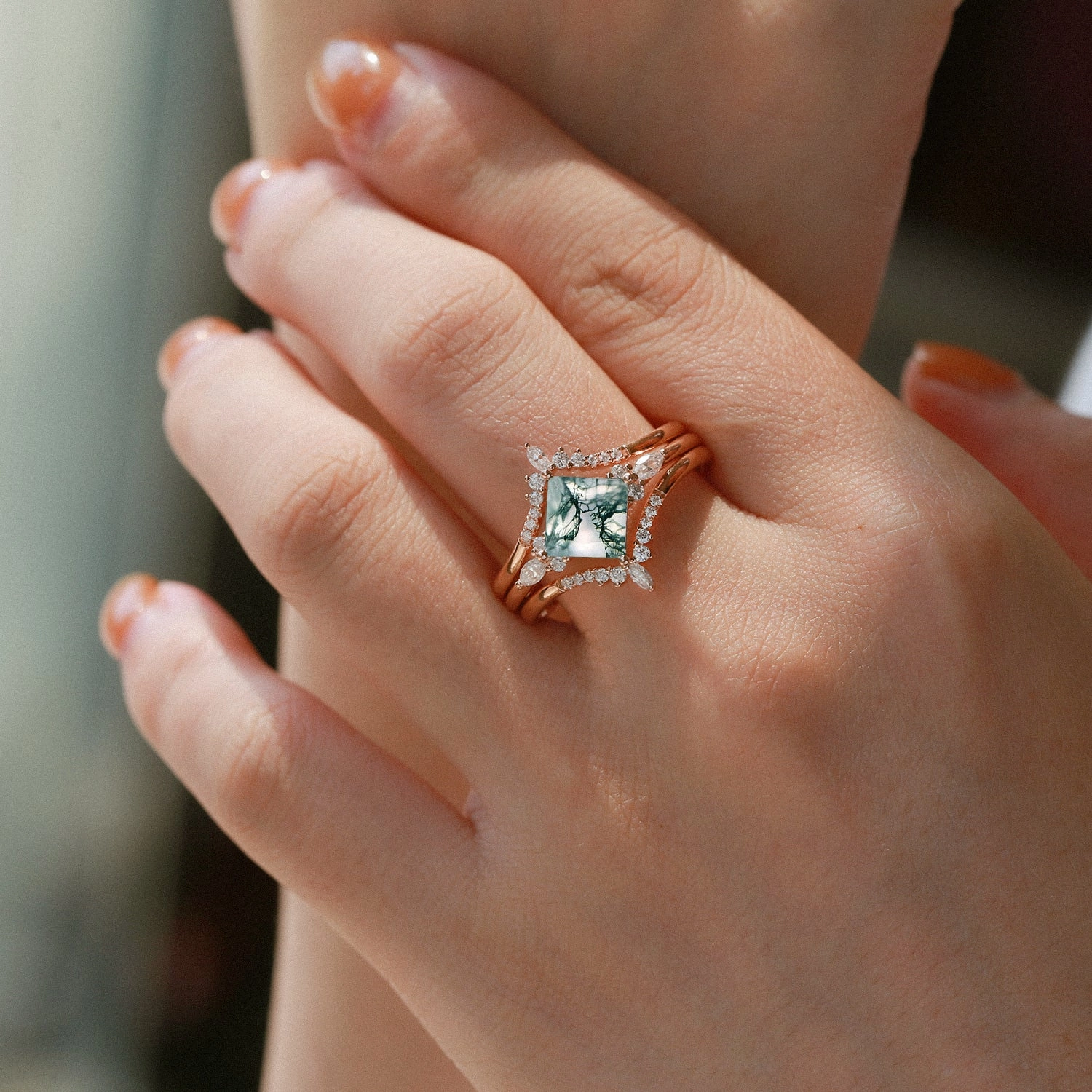 Moss Agate Princess Cut Cluster Engagement Ring Set 3pcs Distinctive Appeal Chic Ensemble