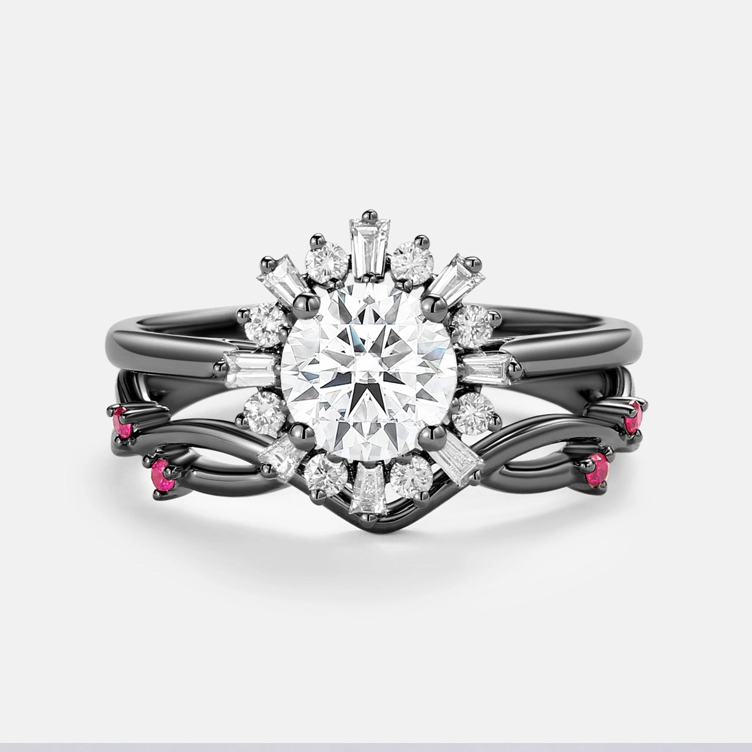 Stylish Fit Bold Statement Round Moissanite & Ruby Halo Floral Ring Set 2pcs - Sol