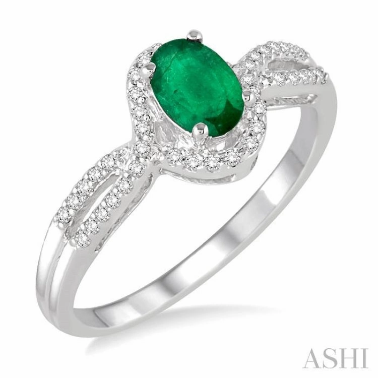 Soft Material Delicate Craft 6x4 MM Oval Cut Emerald and 1/6 ctw Round Cut Diamond Ring in 10K White Gold