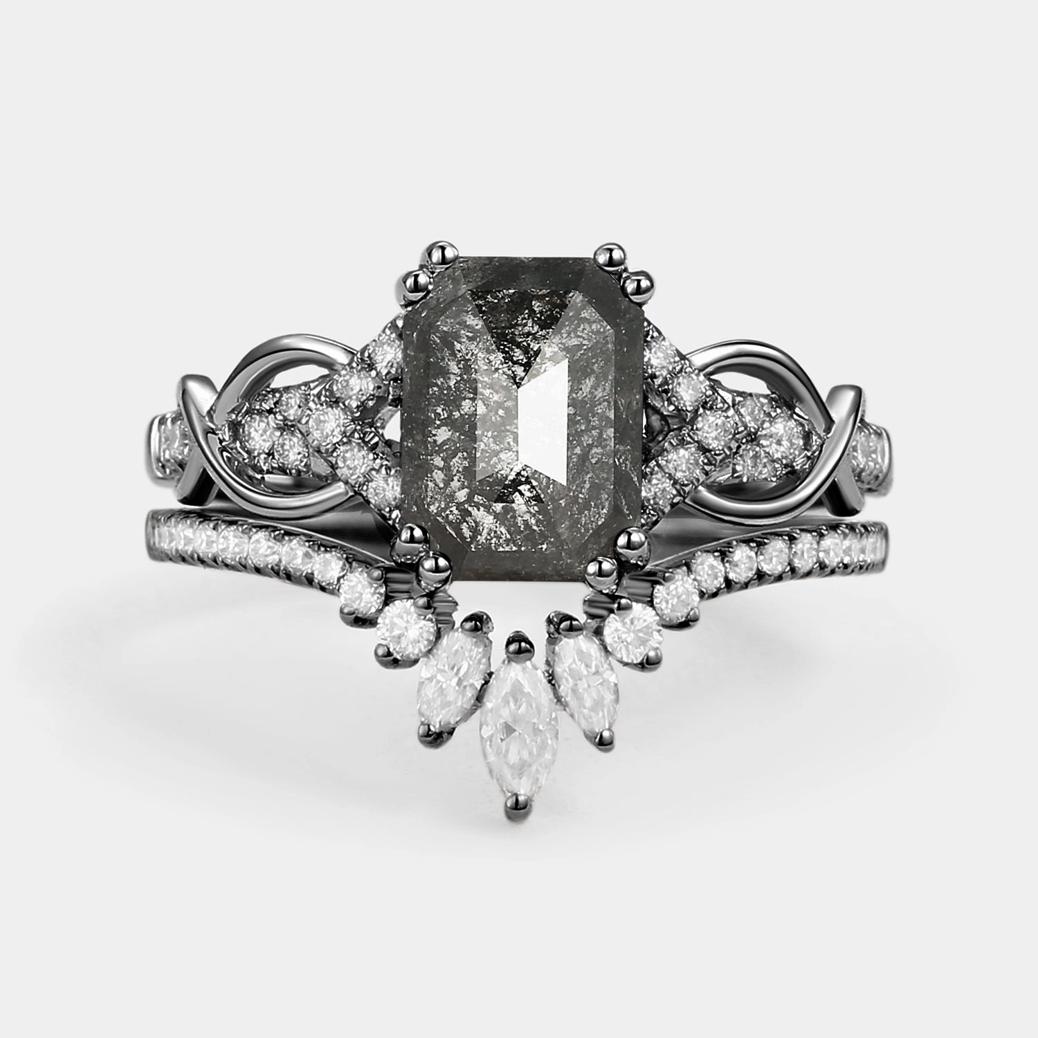 Cushion Cut Salt and Pepper Diamonds Infinity Gold Ring Set 2pcs Collector's Piece