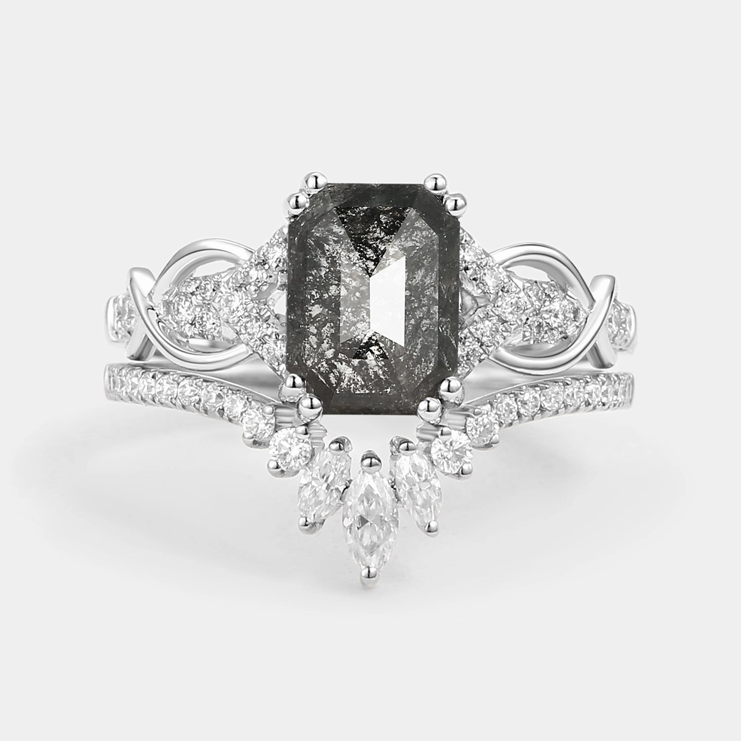 Cushion Cut Salt and Pepper Diamonds Infinity Gold Ring Set 2pcs Subtle Elegance