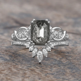 Cushion Cut Salt and Pepper Diamonds Infinity Gold Ring Set 2pcs Bold Combo