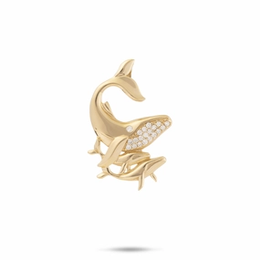 Ocean Dance Humpback Whale Mother & Babies Pendant in Gold with Diamonds - 25mm Golden Light